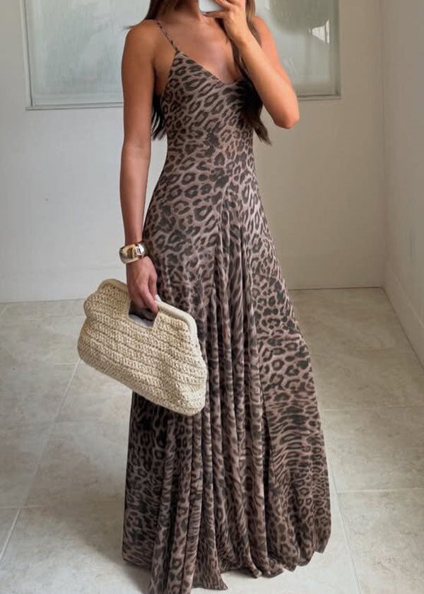Leopard Print Spaghetti Strap Mesh Maxi Dress
