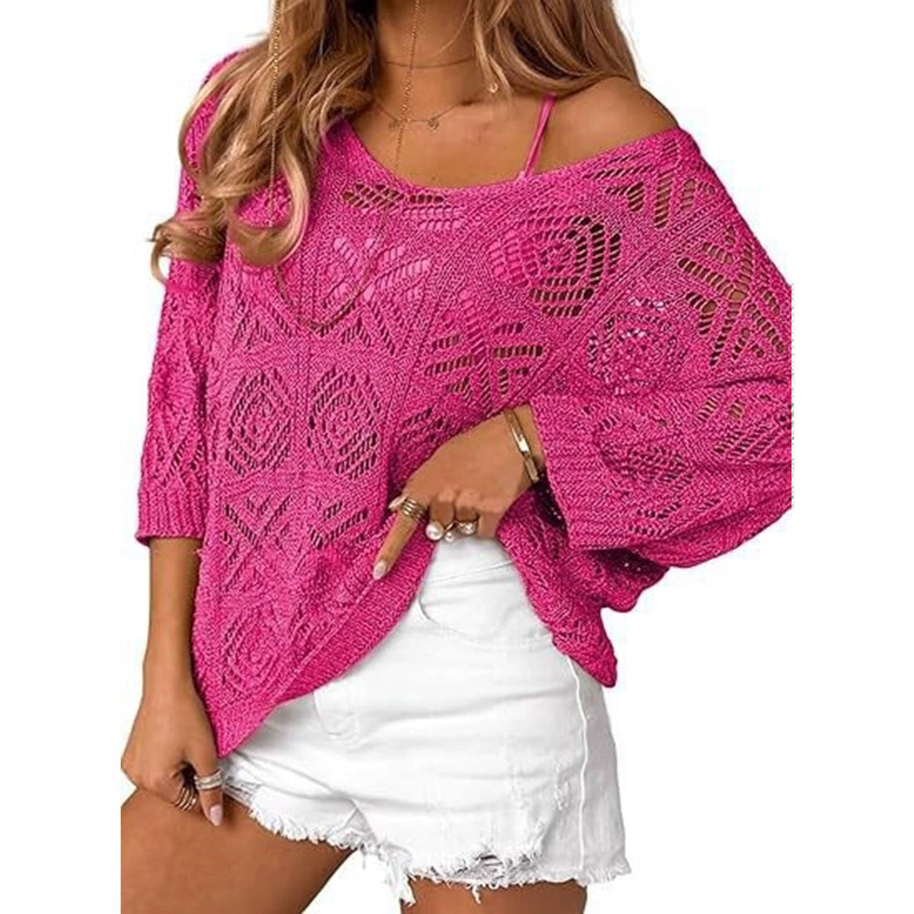 Openwork three-quarter sleeve knitted cover-up