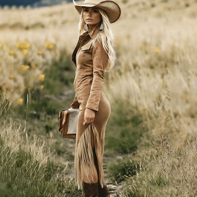 Retro tassel-trimmed long-sleeved dress