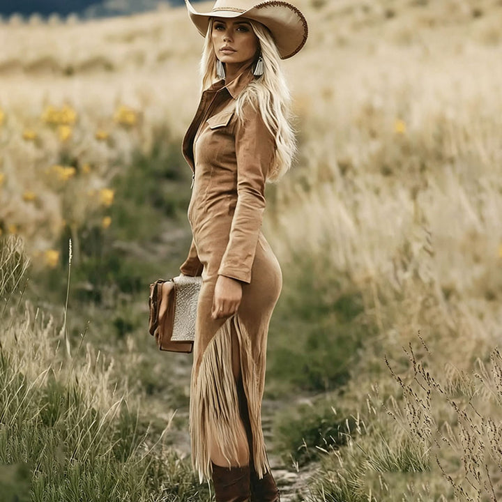 Retro tassel-trimmed long-sleeved dress