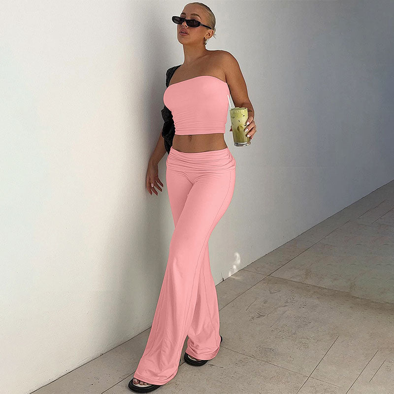 Strapless tube top and high-waisted slight-flare trousers set