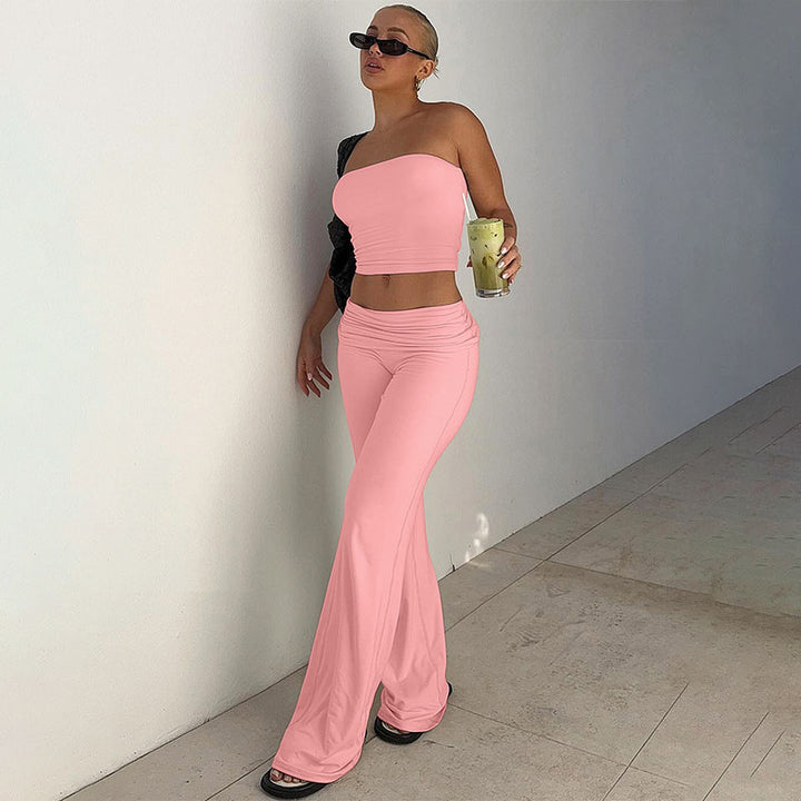 Strapless tube top and high-waisted slight-flare trousers set