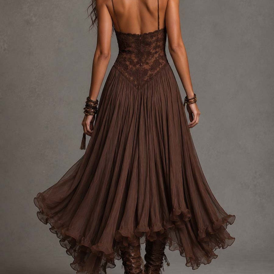 Vintage Flowy Lace Chiffon Slip Maxi Dress