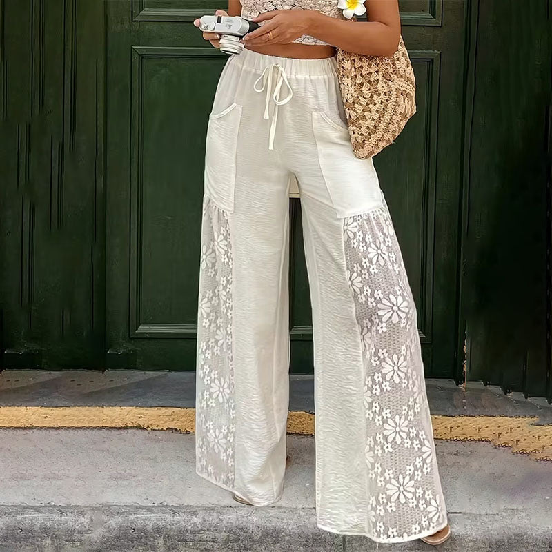 Floral lace patchwork elastic waist wide-leg pants