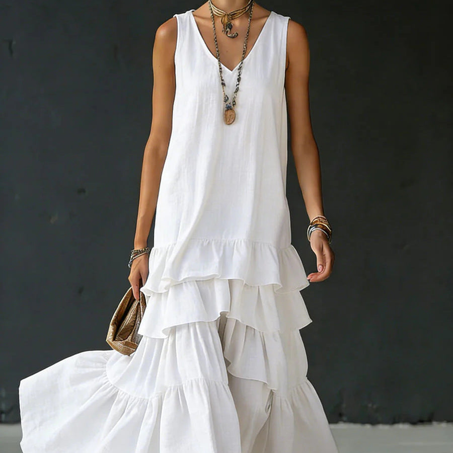 Solid color sleeveless full skirt dress