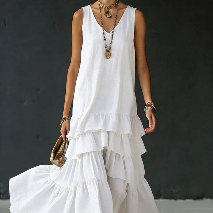 Solid color sleeveless full skirt dress