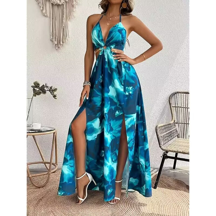 Open-back printed camisole dress with side slit