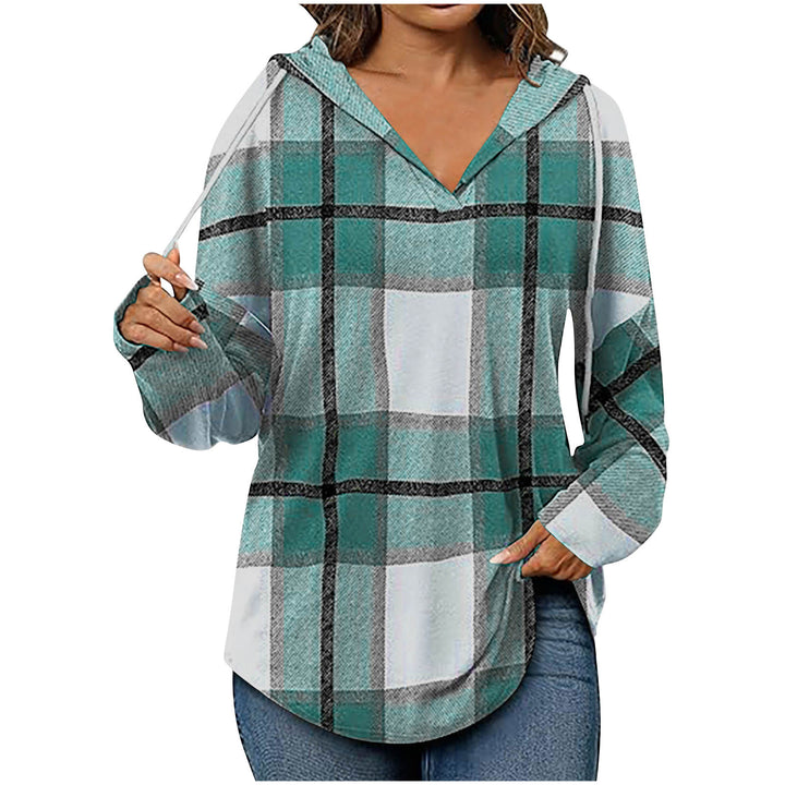Plaid hooded V-neck casual top