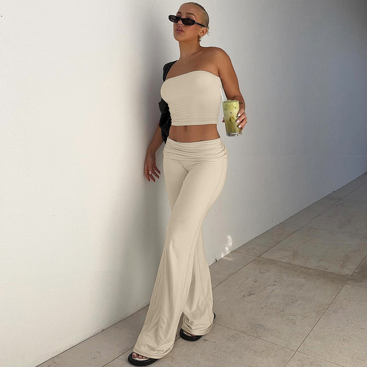 Strapless tube top and high-waisted slight-flare trousers set