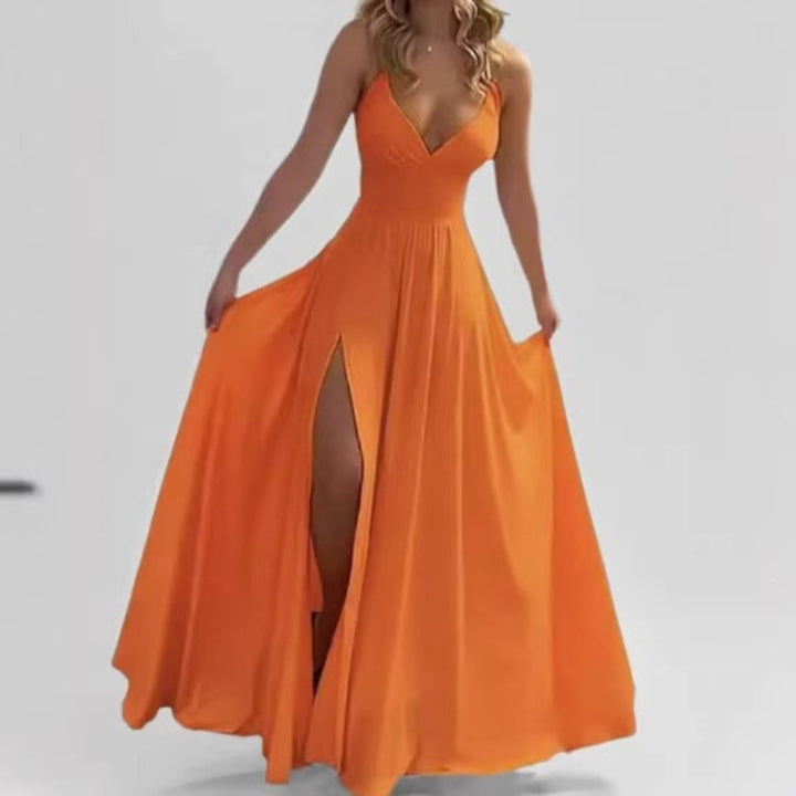 Solid color cross-back open-slit halter dress