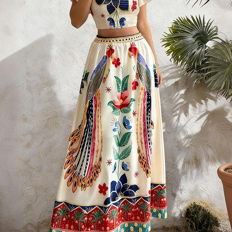 Puff-sleeve cropped top and printed maxi skirt set