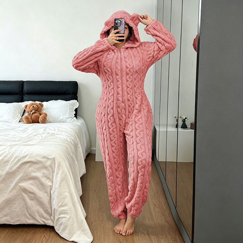 Bear Pattern Plush Hooded Onesie Pajamas