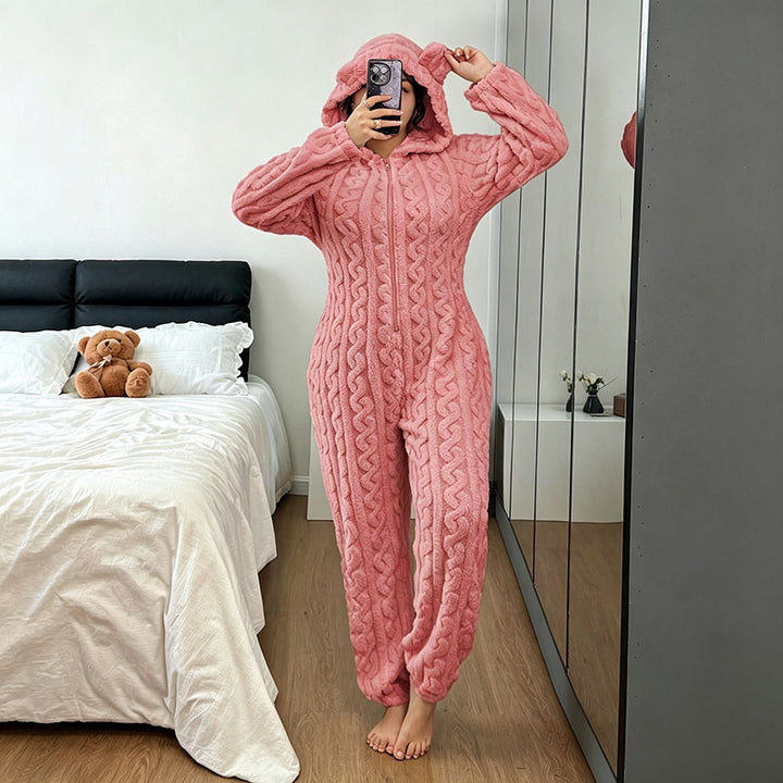 Bear Pattern Plush Hooded Onesie Pajamas