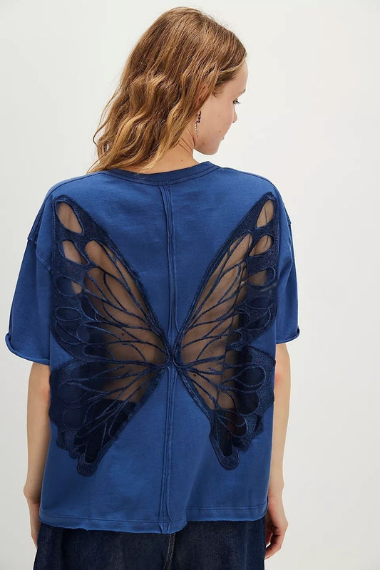 Back Cutout Loose Tee for Women | Sheer Mesh Patchwork Drop Shoulder Short Sleeve Top