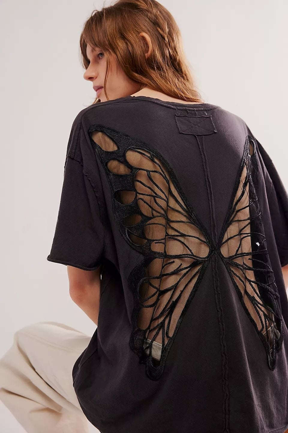 Back Cutout Loose Tee for Women | Sheer Mesh Patchwork Drop Shoulder Short Sleeve Top