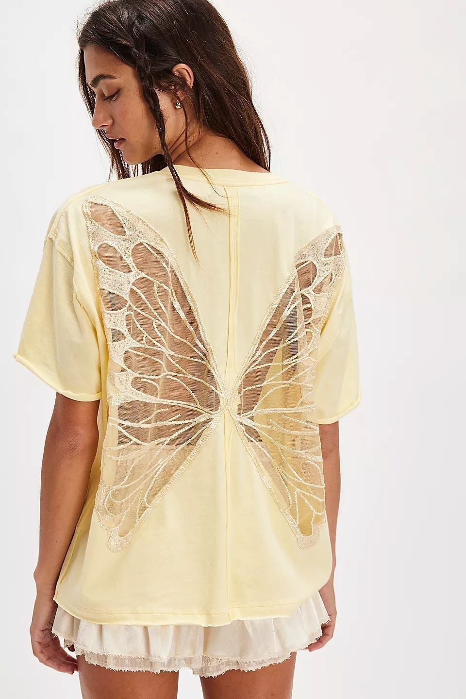 Back Cutout Loose Tee for Women | Sheer Mesh Patchwork Drop Shoulder Short Sleeve Top