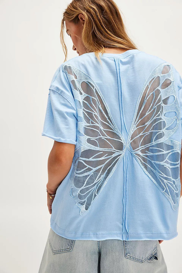 Back Cutout Loose Tee for Women | Sheer Mesh Patchwork Drop Shoulder Short Sleeve Top