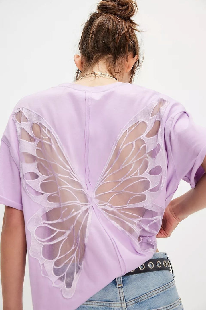 Back Cutout Loose Tee for Women | Sheer Mesh Patchwork Drop Shoulder Short Sleeve Top