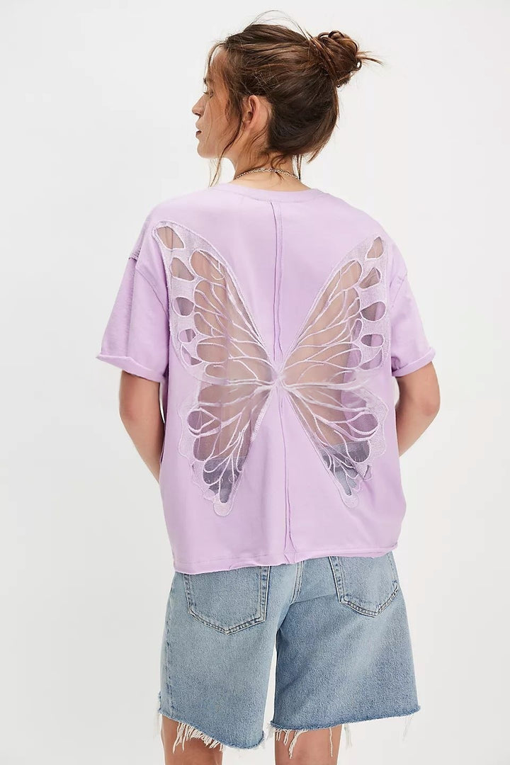 Back Cutout Loose Tee for Women | Sheer Mesh Patchwork Drop Shoulder Short Sleeve Top