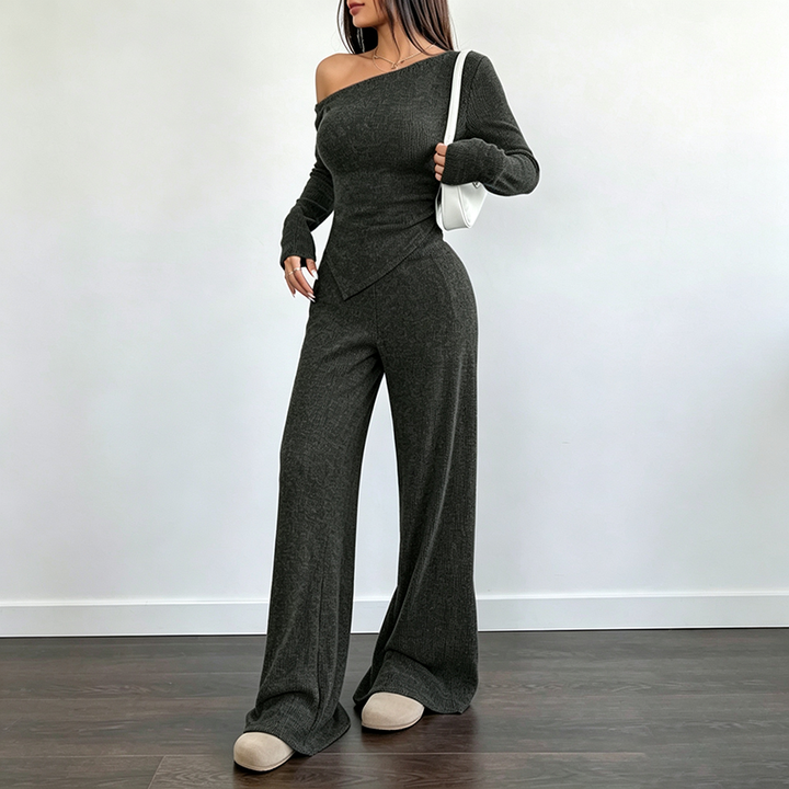 Solid-color off-shoulder long-sleeve top and pants set