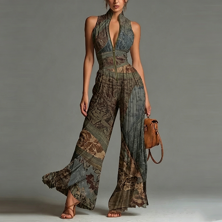 Sexy Zip Front Chiffon Pleated Wide Leg Jumpsuit