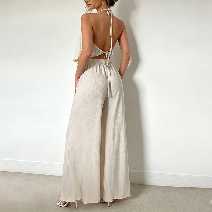 Halter Tie Back Textured Top And Wide Leg Pants Set