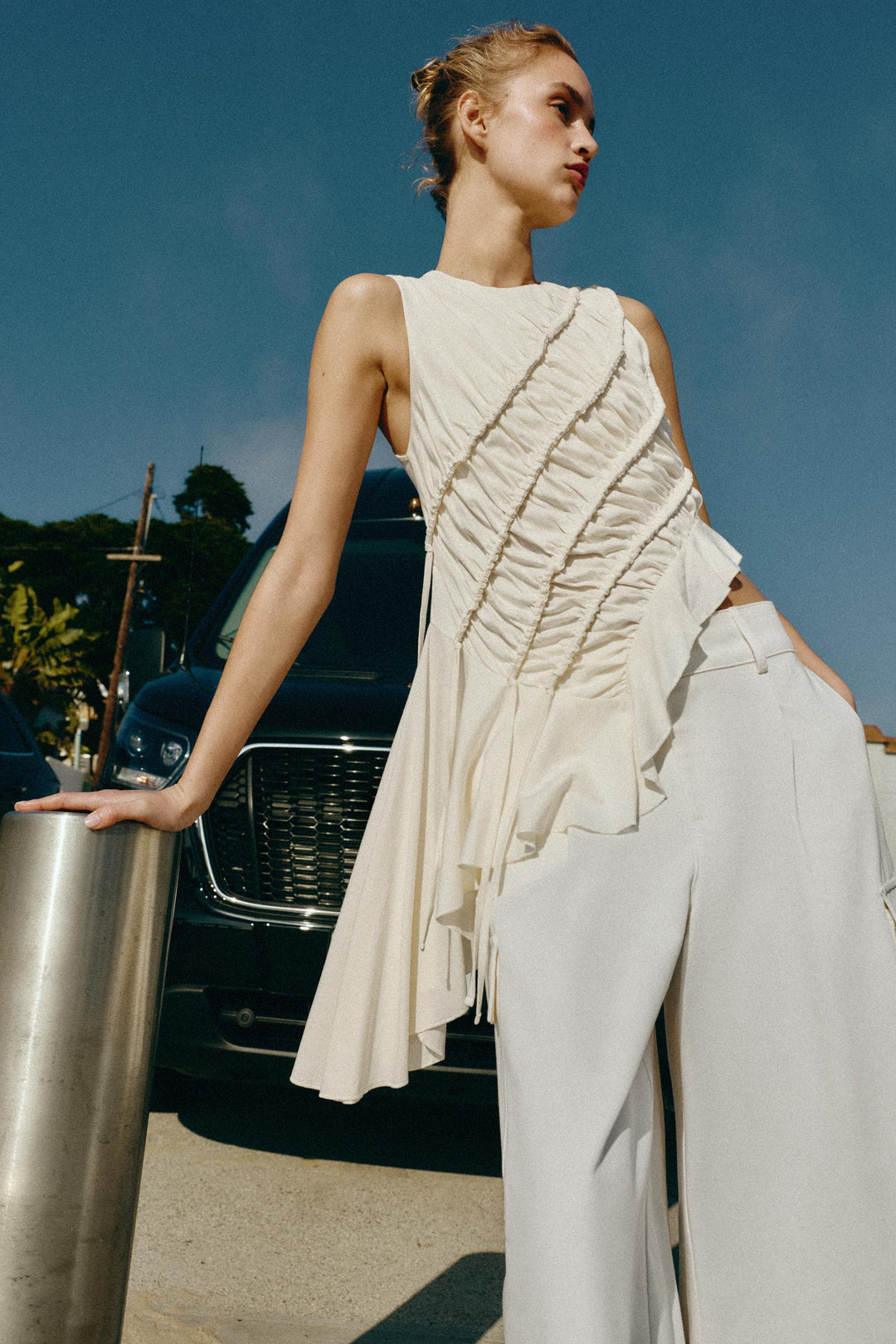 Cream Ruched Sleeveless Top &amp; Cargo Culotte Set, Modern Minimalist Two-Piece Outfit