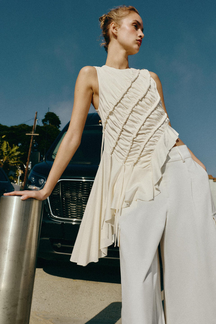 Cream Ruched Sleeveless Top &amp; Cargo Culotte Set, Modern Minimalist Two-Piece Outfit