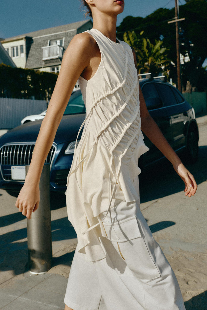 Cream Ruched Sleeveless Top &amp; Cargo Culotte Set, Modern Minimalist Two-Piece Outfit