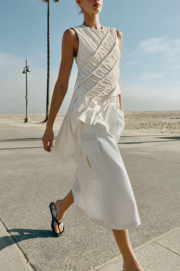 Cream Ruched Sleeveless Top &amp; Cargo Culotte Set, Modern Minimalist Two-Piece Outfit