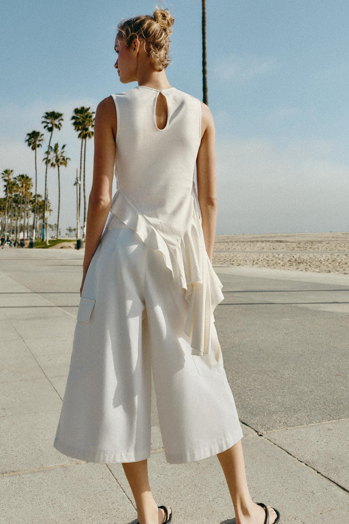 Cream Ruched Sleeveless Top &amp; Cargo Culotte Set, Modern Minimalist Two-Piece Outfit