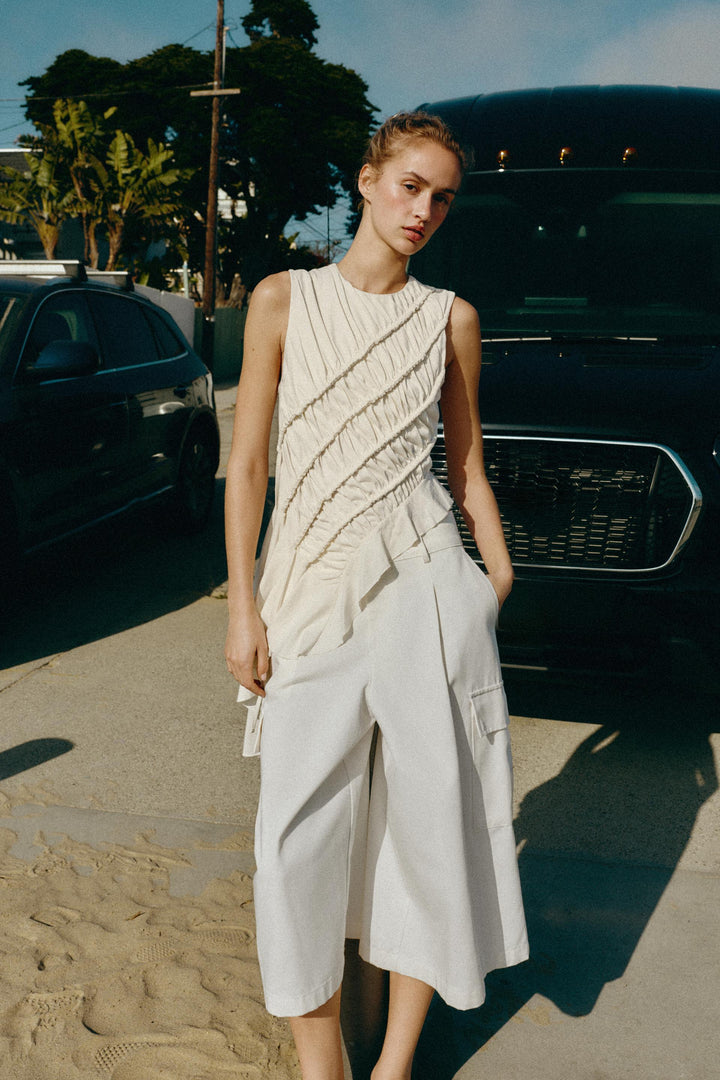 Cream Ruched Sleeveless Top &amp; Cargo Culotte Set, Modern Minimalist Two-Piece Outfit