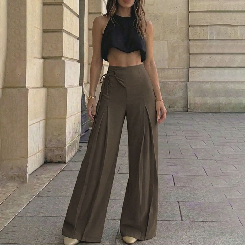 Casual drawstring high-waisted wide-leg pants