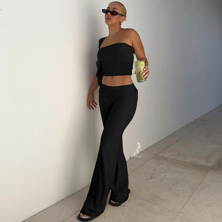 Strapless tube top and high-waisted slight-flare trousers set