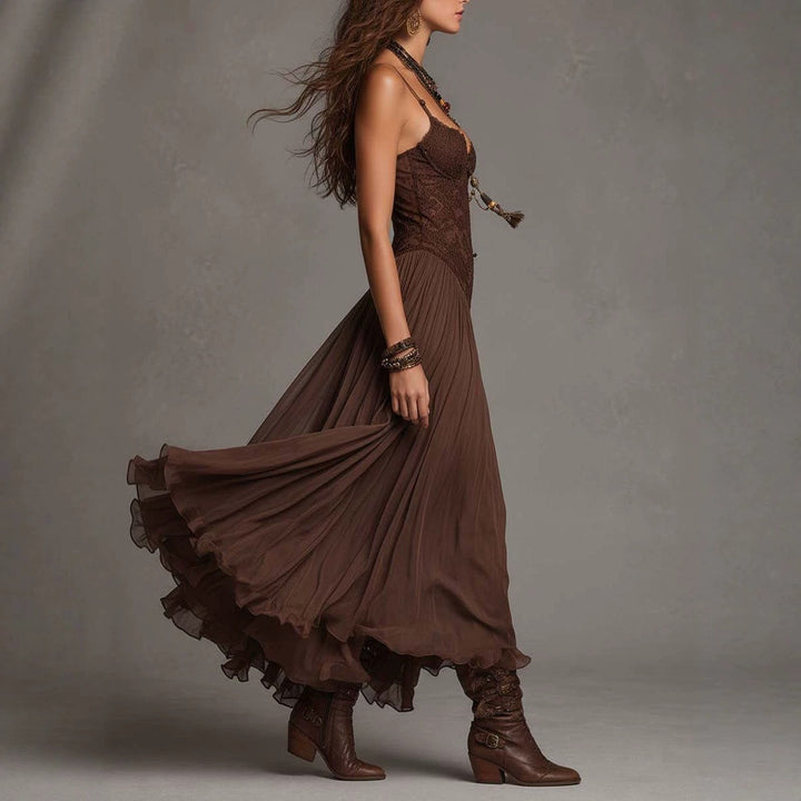 Vintage Flowy Lace Chiffon Slip Maxi Dress