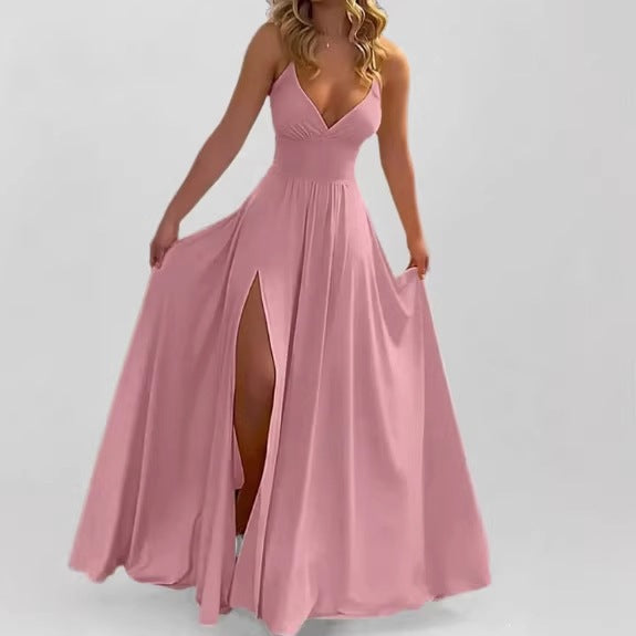 Solid color cross-back open-slit halter dress