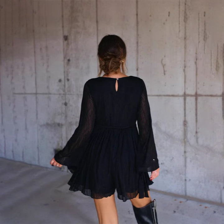 V-neck flared sleeve pleated dress