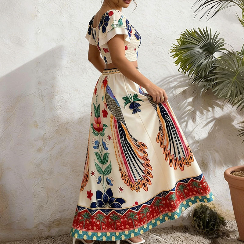 Puff-sleeve cropped top and printed maxi skirt set
