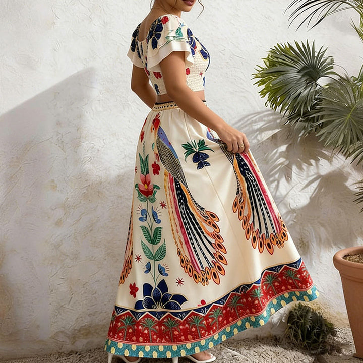 Puff-sleeve cropped top and printed maxi skirt set