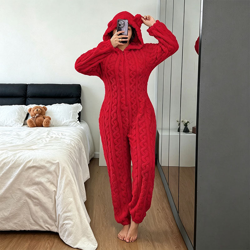 Bear Pattern Plush Hooded Onesie Pajamas