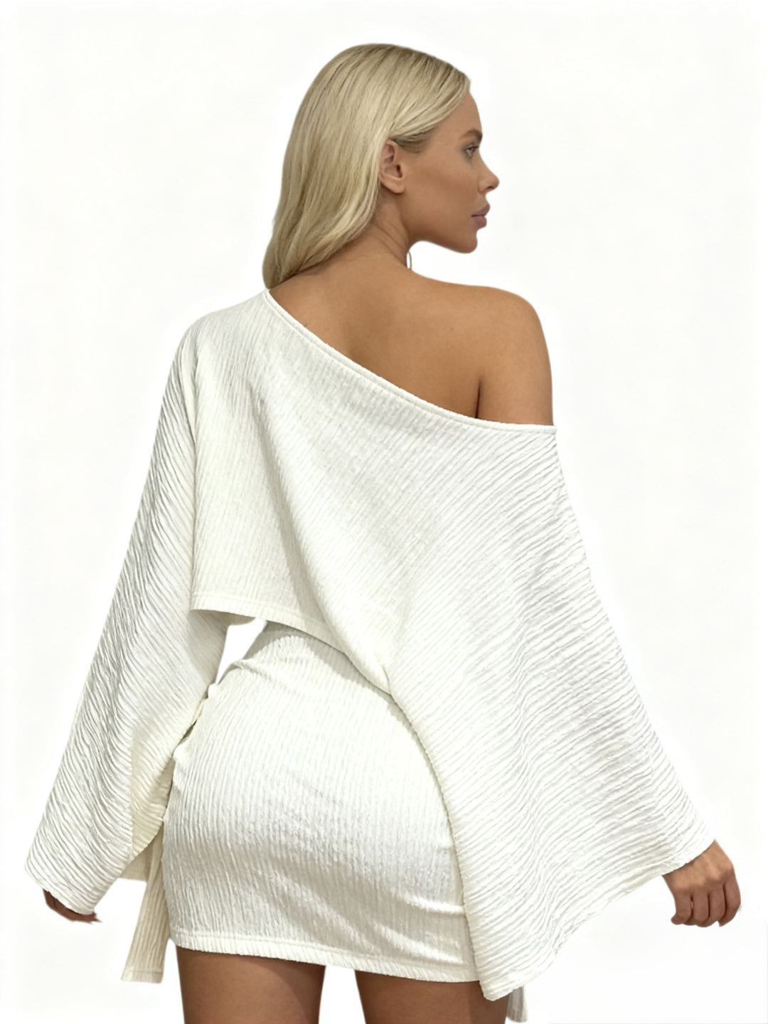 One-shoulder top and hip-hugging mini skirt set