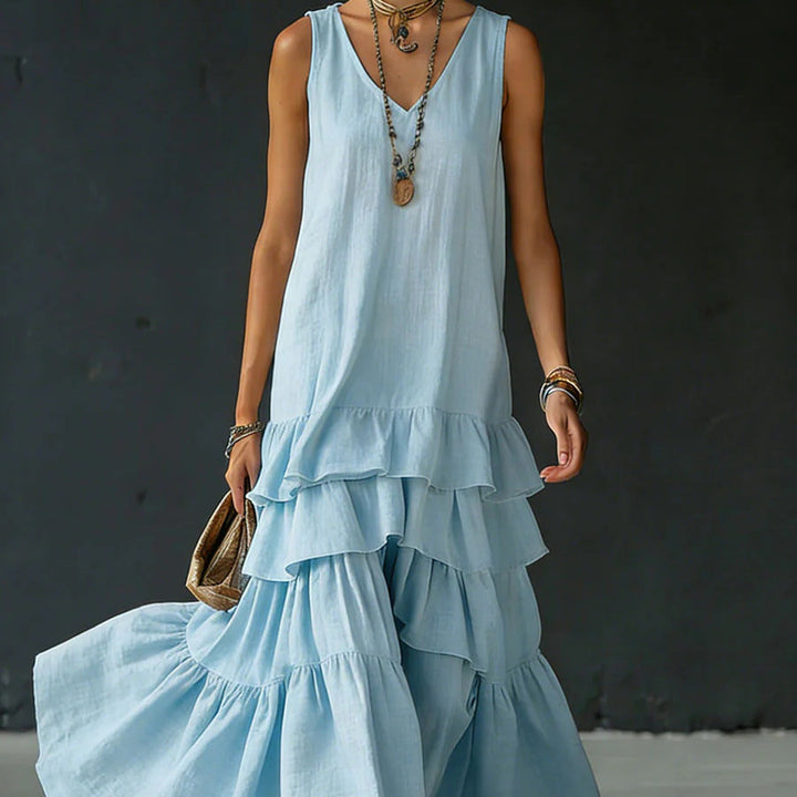 Solid color sleeveless full skirt dress