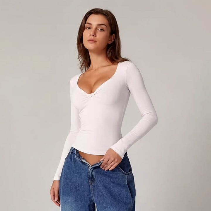 Sweetheart-neck ruched long-sleeve fitted top