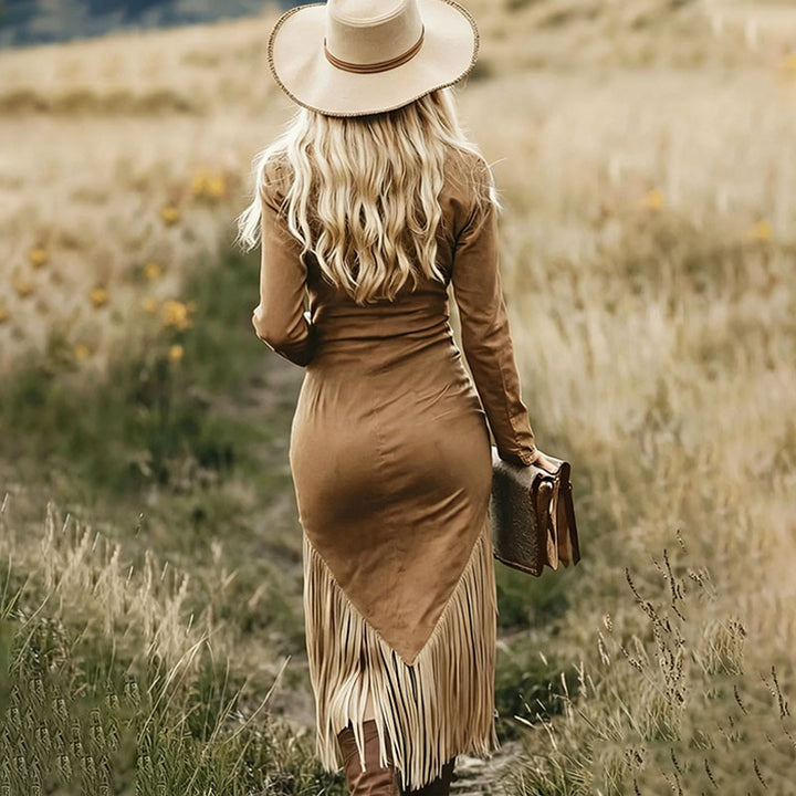 Retro tassel-trimmed long-sleeved dress