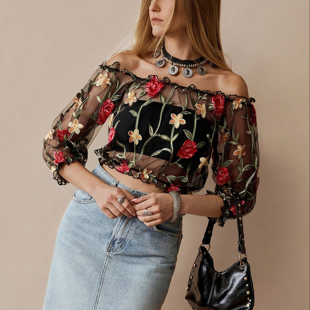 Floral Embroidered Off Shoulder Mesh Crop Top