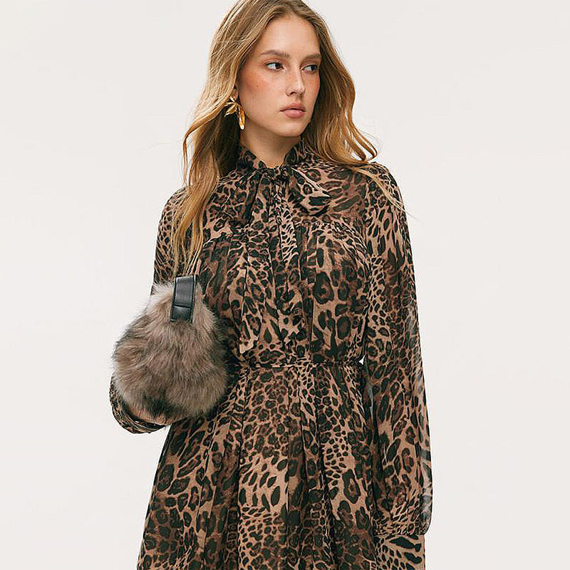 Leopard print fitted waist long sleeve dress