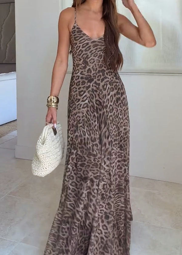 Leopard Print Spaghetti Strap Mesh Maxi Dress