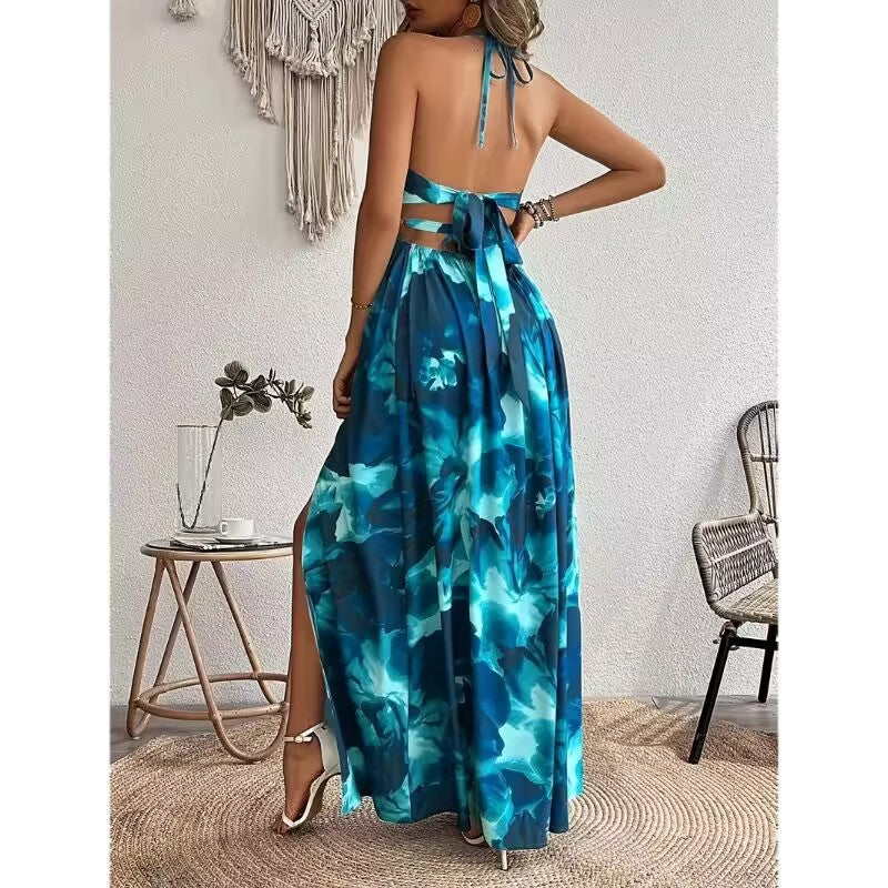 Open-back printed camisole dress with side slit