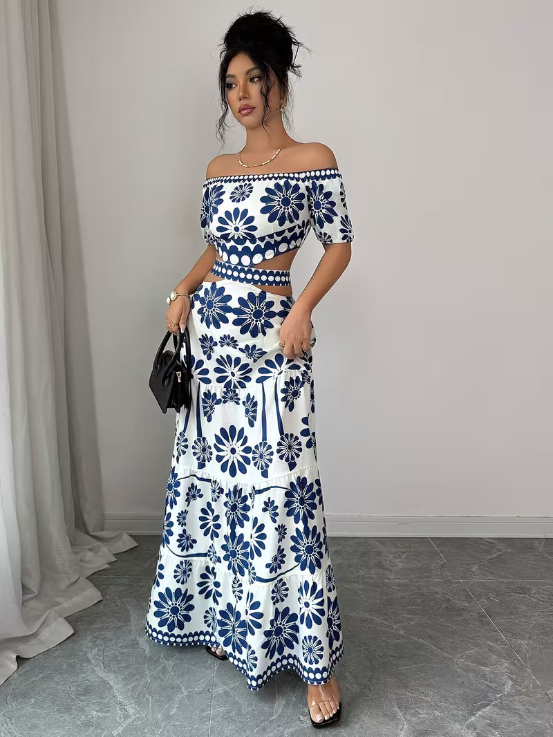 Floral Off-Shoulder Waist Cutout Dress
