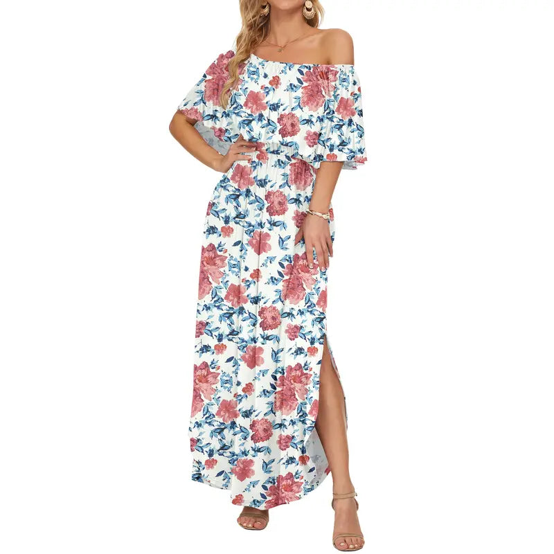 Floral Off-Shoulder Maxi Dress, Flowy Elastic Waist Dress with Side Slit